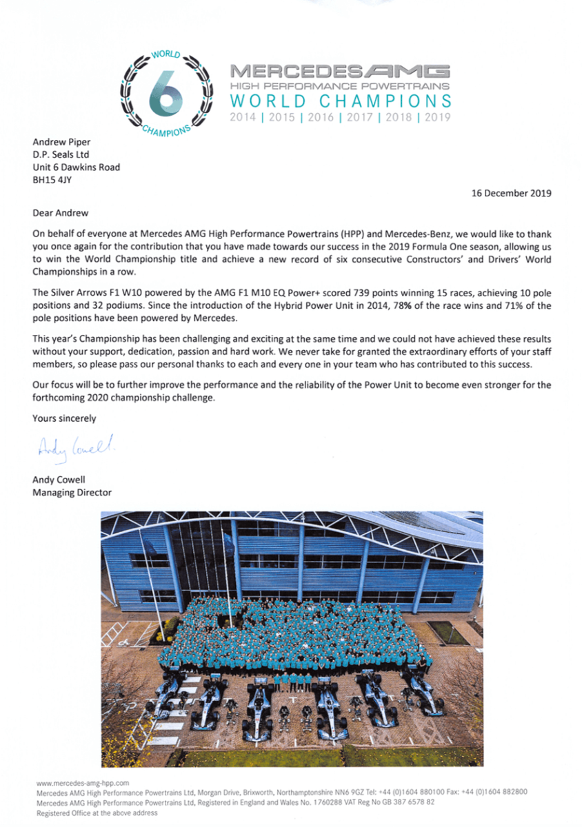 Mercedes AMG 2019 World Champions testimonial letter to DP Seals